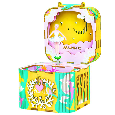 

If state 3d wooden puzzle rotating music box childrens building blocks spelling toy music box diy hand-assembled jewelry box creative gift Swan Lake girl AMD52