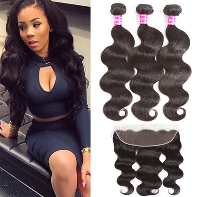 

Glary Body Wave with Frontal Brazilian Virgin Hair 3 Bundles with 13x4 Lace Frontal Thick&Soft Human Hair Weft Natural Black