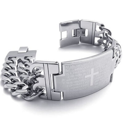 

Hpolw Men's Stainless Steel Cross Prayer Bangle Cuff Bracelet, Silver, 8.5 Inch