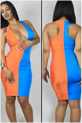 

Women's Two-tone Stitching Sleeveless Deep V-neck Bodycon Knee-length Sexy Dress