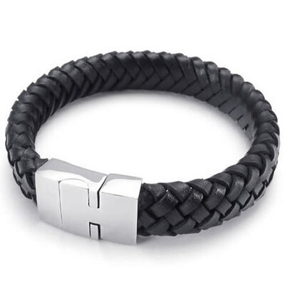 

Hpolw Mens Black Genuine Leather&Stainless Steel Hand woven Magnetic ClaspSpring buckle BraceletBangle