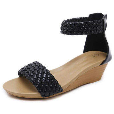 

women wedges sandals back zipper casual weave style open toe low heel lady shoes