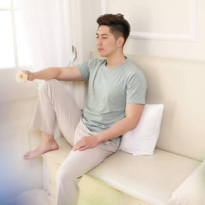 

Haizhining 18032 Pajamas Mens Summer Thin Solid Color Foundation Short Sleeve Pants Home Service Set Powder Green Beige 180