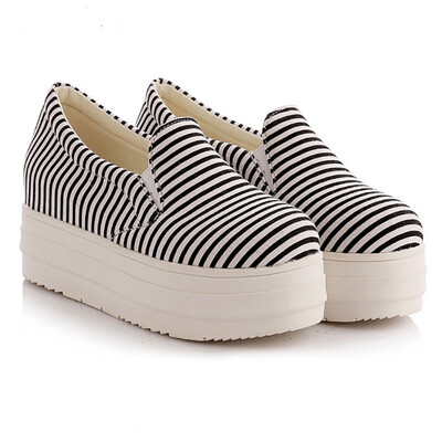 

IDIFU Womens Striped Elastic Platform Canvas Shoes Slip on Loafers Low Top Sneakers
