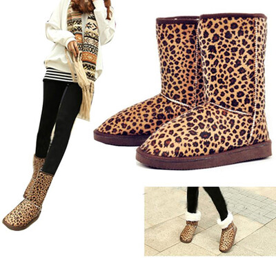 

Women Winter Warm flat heels Snow Leopard Boots buskin Faux Suede Mid-Calf shoes