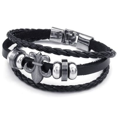 

Hpolw Mens Leather Bracelet, Fleur De Lis Braided Cuff Bangle, Black Silver