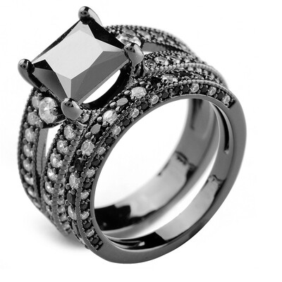 

Aiyaya 2pcs/Set 18kt Black Gold Plated Black Crystal Cushion Cut Genstones Fashion Midi Rings For Wedding