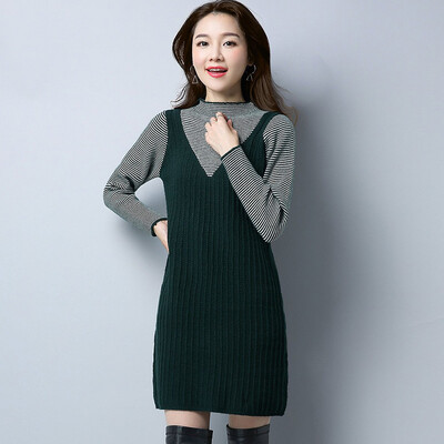 

A Tang Chen 2018 autumn&winter new womens Korean version of the long-sleeved half-high collar fake two-piece suit skirt elegant lady dress S74F0180LA20M dark green