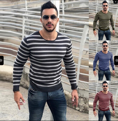 

Long Sleeved Round Neckline Striped Sweater Shirt for Men