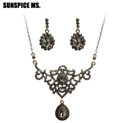 

New Turkish Wedding Vintage Jewelry Sets Gray Crystal Drop Earring Flower Charm Necklace Antique Gold Color Bohemia Party Bijoux