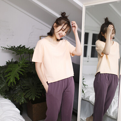 

Haizhining WMJ-040 Pajamas Womens Summer Bamboo Cotton Thin Short Sleeve Pants Home Service Set Home Two-piece Light Orange 165L