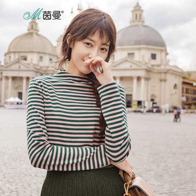

INMAN 2018 autumn new wild striped half-high collar comfortable long-sleeved shirt T-shirt female 18830VP21027 pink
