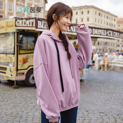 

INMAN 2018 autumn new hooded drawstring loose shoulder long sleeve fashion casual sweater female 18830VP82226 beige white M