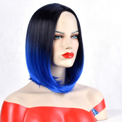 

QianBaiHui Short Straight Wigs for Women Ombre Blue Heat Resistant Synthetic Hair Wig Cosplay Wig Wig Cap