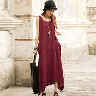 

5XL Plus Size Sleeveless Pocket Irregular Cotton Long Maxi Dress