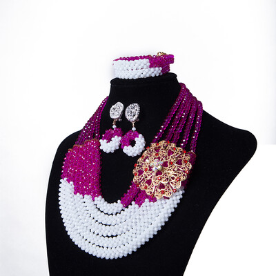 

AMYNOVA Fuchsia&White 5 Strands Beaded African Wedding Bridal Beads Necklace Nigerian Beads Jewelry Set for Women