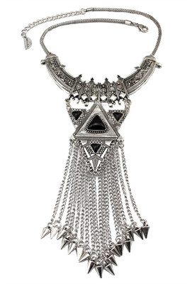 

Idealway Bohemian Vintage Silver Snake Chain Triangle Alloy Long Tassel Rivet Pendant Choker Necklaces Earring Set