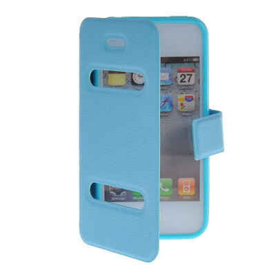 

MOONCASE View Window Leather Side Flip Pouch Stand Shell Back Case Cover for Apple iPhone 4 / 4S Blue