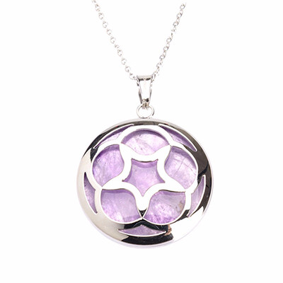 

Round Camellia Flower Purple Quartz Crystal Pendant Stainless Steel Necklaces 17