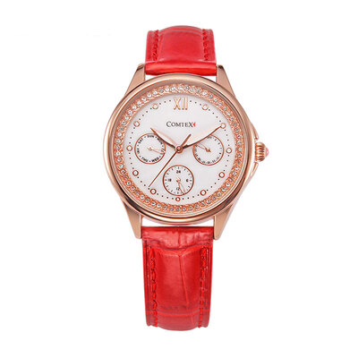 

2017 Comtex Women Watch Clock Leather Band Rhinestone Crystals Stailness Steel Case Pin Buckle Sub Dial Analog Display Quartz