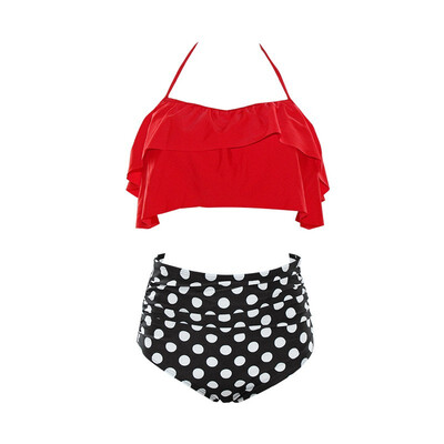 

Fashion Sexy Women Ruffle Swimwear Vintage High Waist Striped Bottom Bikini Set