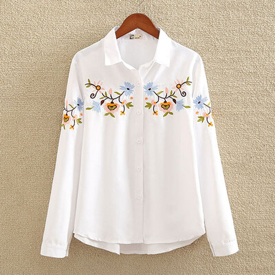 

Fashion Women Leaves Embroidery Long Sleeve Blouse Casual Shirt Blouses Tops