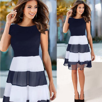 

Elegant Women Stripe A Line Patchwork Cocktail Casual Party Dress