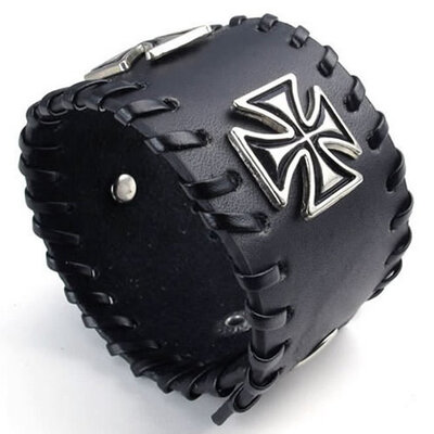

Hpolw Wide Leather Cross Mens Bangle Cuff Bracelet Punk Rock Fits 7" to 8" Black Silver