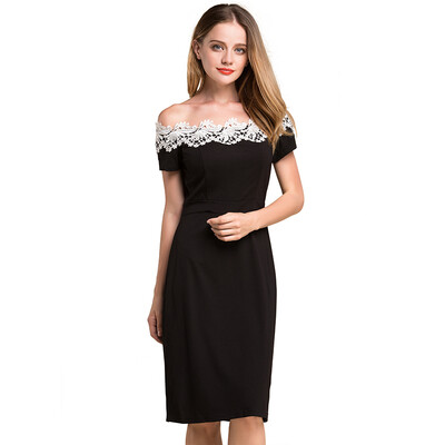 

POPBASIC Womens Retro Lace Mesh Neck Splicing Pencil Tea Party Midi Dress