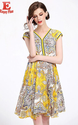 

S M L XL XXL elegant new summer 2018 women dress short sleeve yellow digital vintage print V neck slim A line office lady midi