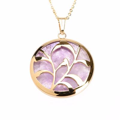 

Round Natural Plant Purple Quartz Crystal Pendant Stainless Steel Necklaces 17