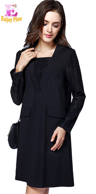 

XL XXL 3XL 4XL 5XL plus size lace office winter 2018 dress women long sleeve big size black loose faux two piece elegant lady