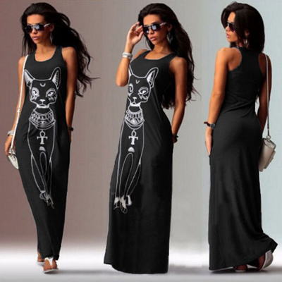 

Cotton Europe&the United States womens cartoon cat belt dress summer sexy bag buttocks show thin long skirt