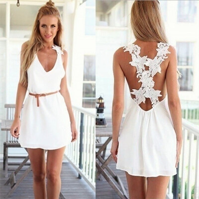 

Spring&Summer Hot Style Women Fashion White Beach Dresses Backless Lace Sleeveless Dress Plus Size -3XL