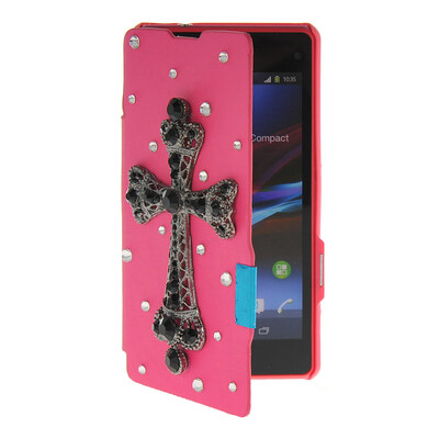 

MOONCASE Rhinestone Crystal Ultre Slim Leather Side Flip Wallet Back ЧЕХОЛ ДЛЯ Sony Xperia Z1 Compact (Mini) Hot pink