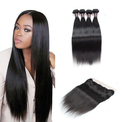 

Ishow Straight Human Hair Lace Frontal Closure With 4 Bundles 7APeruvian Hair Weave Natural Black Free Shipping