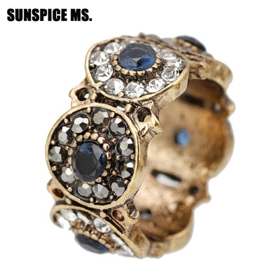 

New Turkish Flower Retro Vintage Rings Antique Gold Color Ethnic Crystal Hollow Out Royal Wedding Ring Jewelry Anillos Mujer