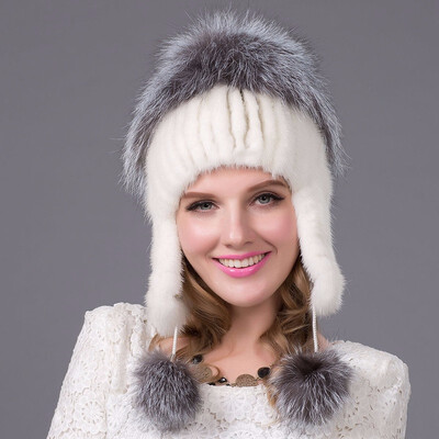 

Mink Fur Hat Russian Winter Hat Womens Genuine Suede Fur Hat Silver Fox Fur 2018 Womens Fashion High-End Female Cap DHY-22