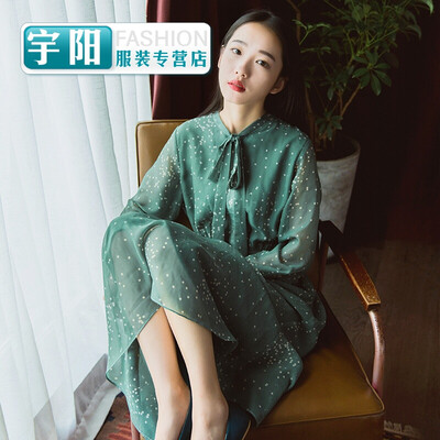 

Plum cooked 2016 new retro long long sleeve floral chiffon dress literary wave skirt female spring