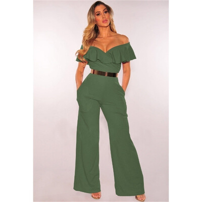 

New Fashion Women Sexy Strapless Jumpsuit Falbala Neckline Solid Color Off Shoulder Casual Jumpsuit