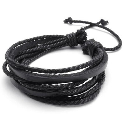 

Hpolw Mens Leather Rope Bracelet Adjustable 7-9 Inch Surfer Wrap Black