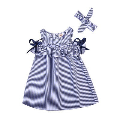 

Kids Baby Girls Clothes Striped Off-shoulder Short Sleeves Party Gown Headband Formal Dresses