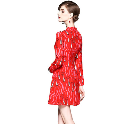 

2018 New Summer O-Neck Red Print Full Sleeve Lovely A-Line Casual Knee-Length Dress Womens Red Elegant Dresses