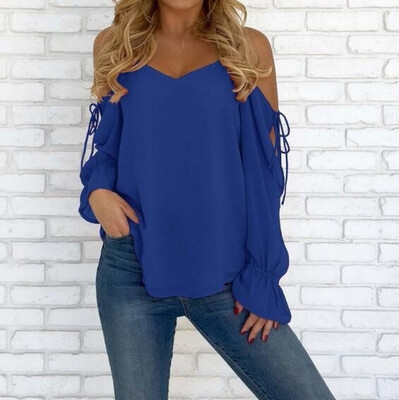 

2018 Spring&Summer Women Sexy Deep V-Neck Shirt Casual Long Sleeve Top Ladies Fashion Loose T-Shirts Off Shoulder Chiffon