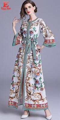 

M L XL XXL vintage new autumn summer 2018 women long maxi dress 34 sleeve white digital flower print ankle length elegant lady