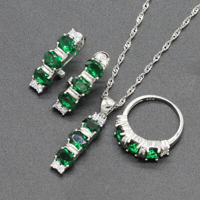 

Green Stone Silver Plated Jewelry Sets for Women Choker Necklace Clip Earrings Ring Three Colors Available Free Jewelry Box