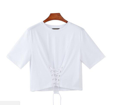 

Canvaus Summer Sweet Solid Color O-neck Slim Short-sleeved Waist Belt Fashion Cotton Ladies T-shirt