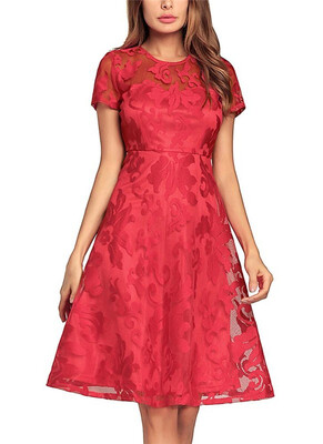 Sheer Lace Pleated O Neck Short Sleeve High Waist Swing Dress Homecoming Dress
