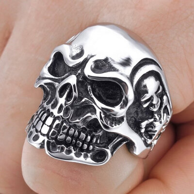 

Hpolw Men's Stainless Steel Rings Silver Black Skull Bone Gothic Vintage Biker