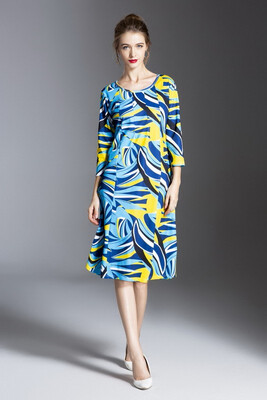 

Fashion Women Floral Print Summer Long Dress Short Sleeve Round Neck Loosen Waist Casual Dress